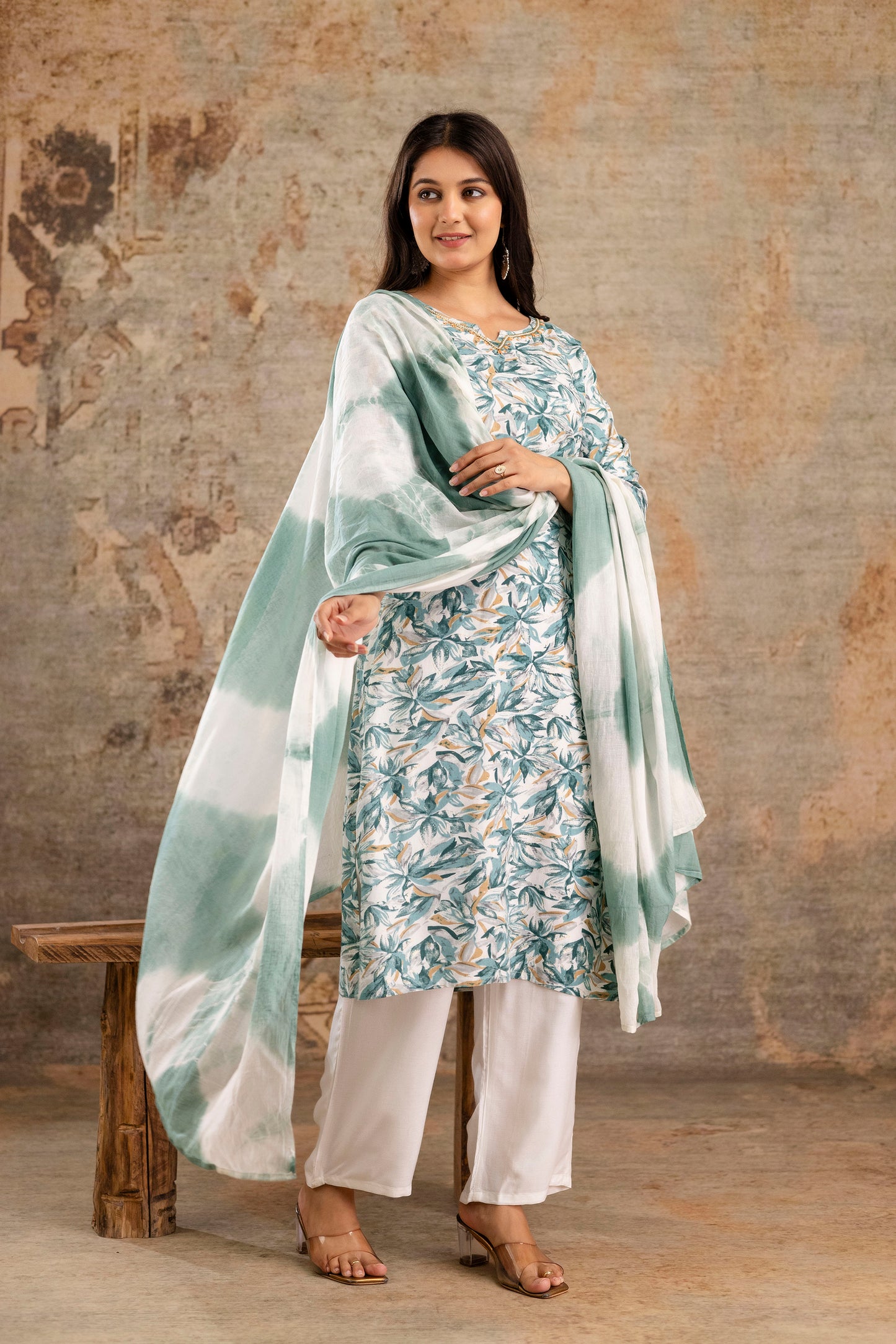 Rayon Foil Print Hand Work Kurta Pant Dupatta Set