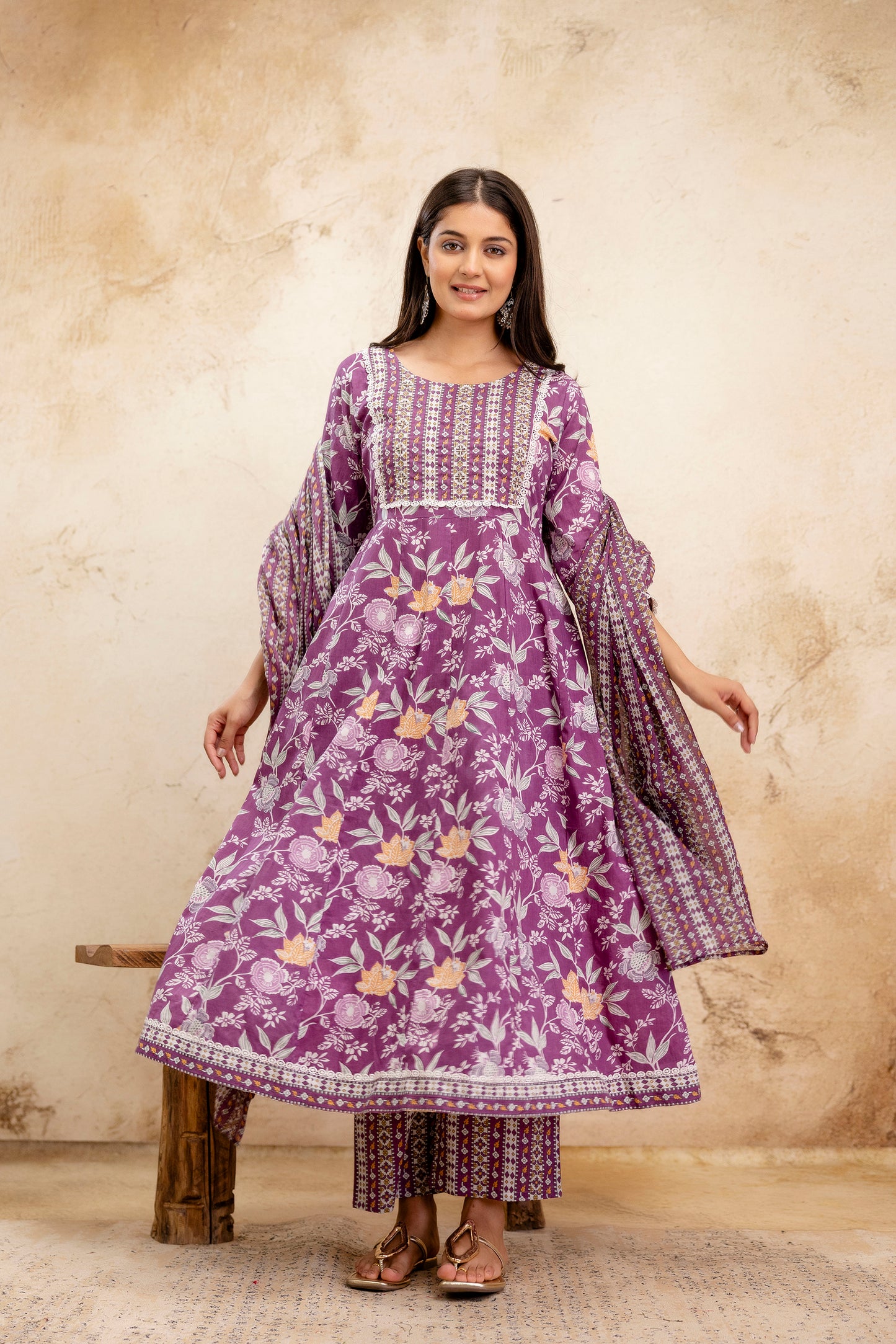 Pure Cotton Floral printed Hand work Kurta Pant Dupatta Set