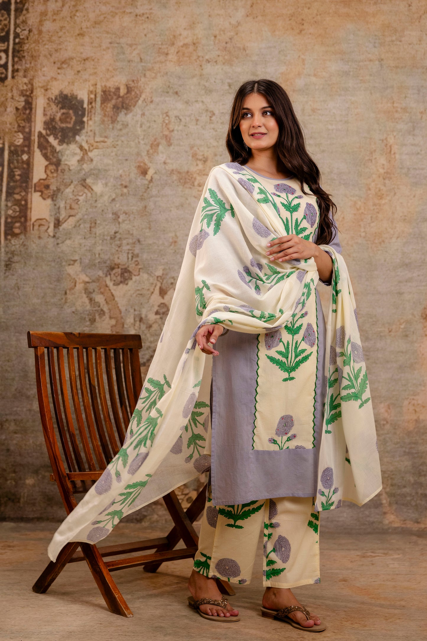 Pure Cotton Panel Hand Work Kurta Pant Dupatta Set