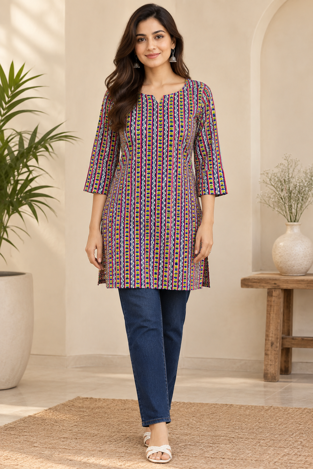 Multicolour Striped Printed Cotton Short Kurti