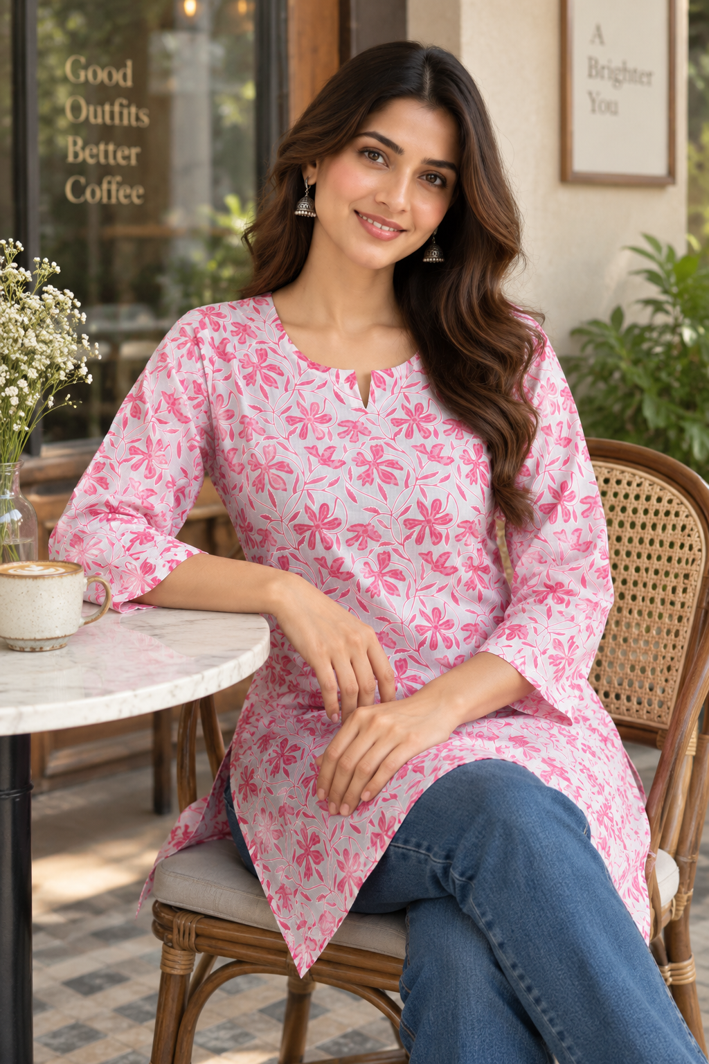Pink Floral Printed Cotton Short Kurti