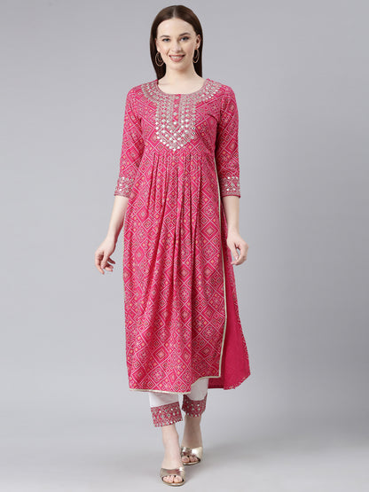 Rayon Bhandej print embroidered nira cut kurta pant set