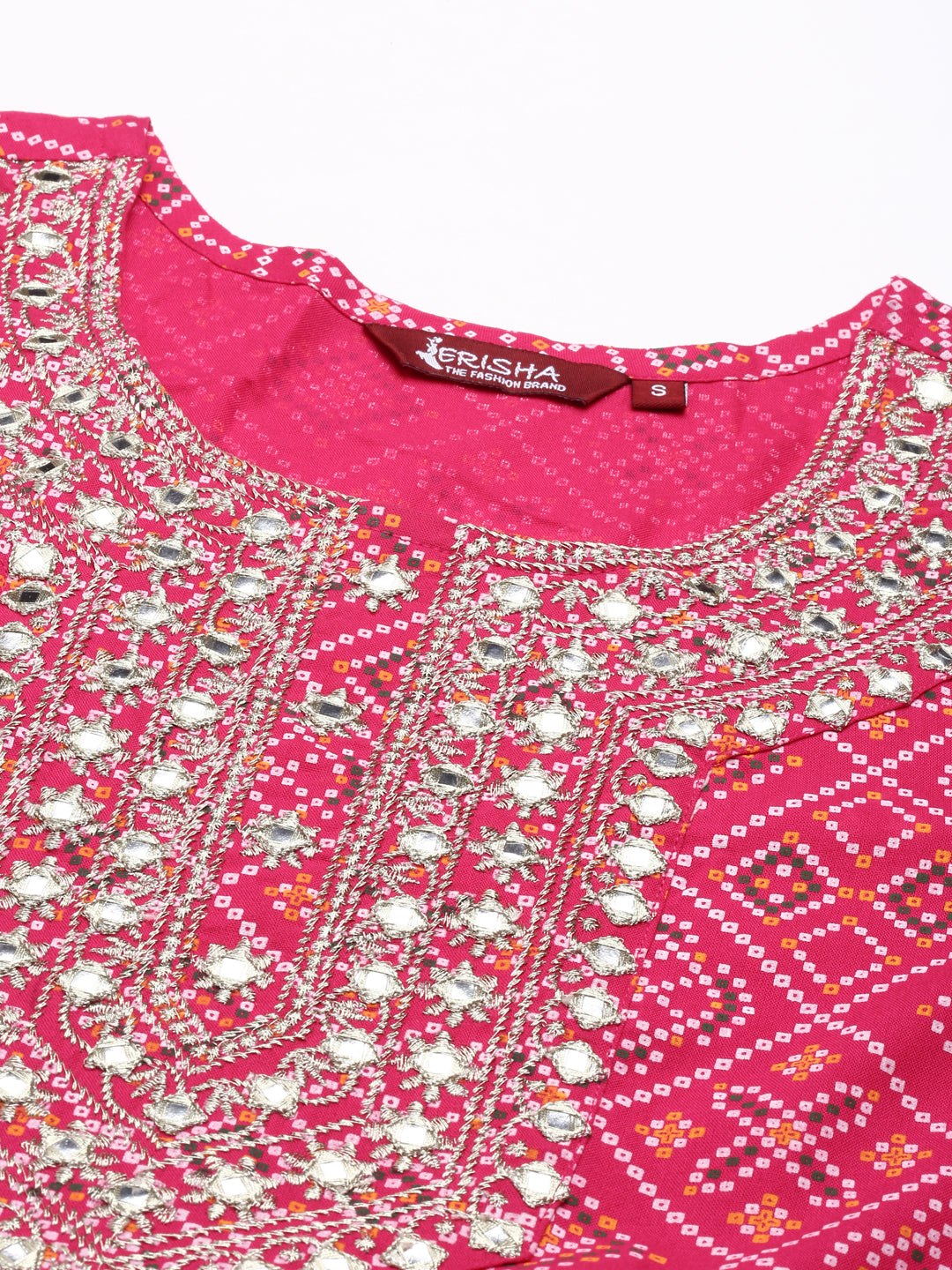 Rayon Bhandej print embroidered nira cut kurta pant set