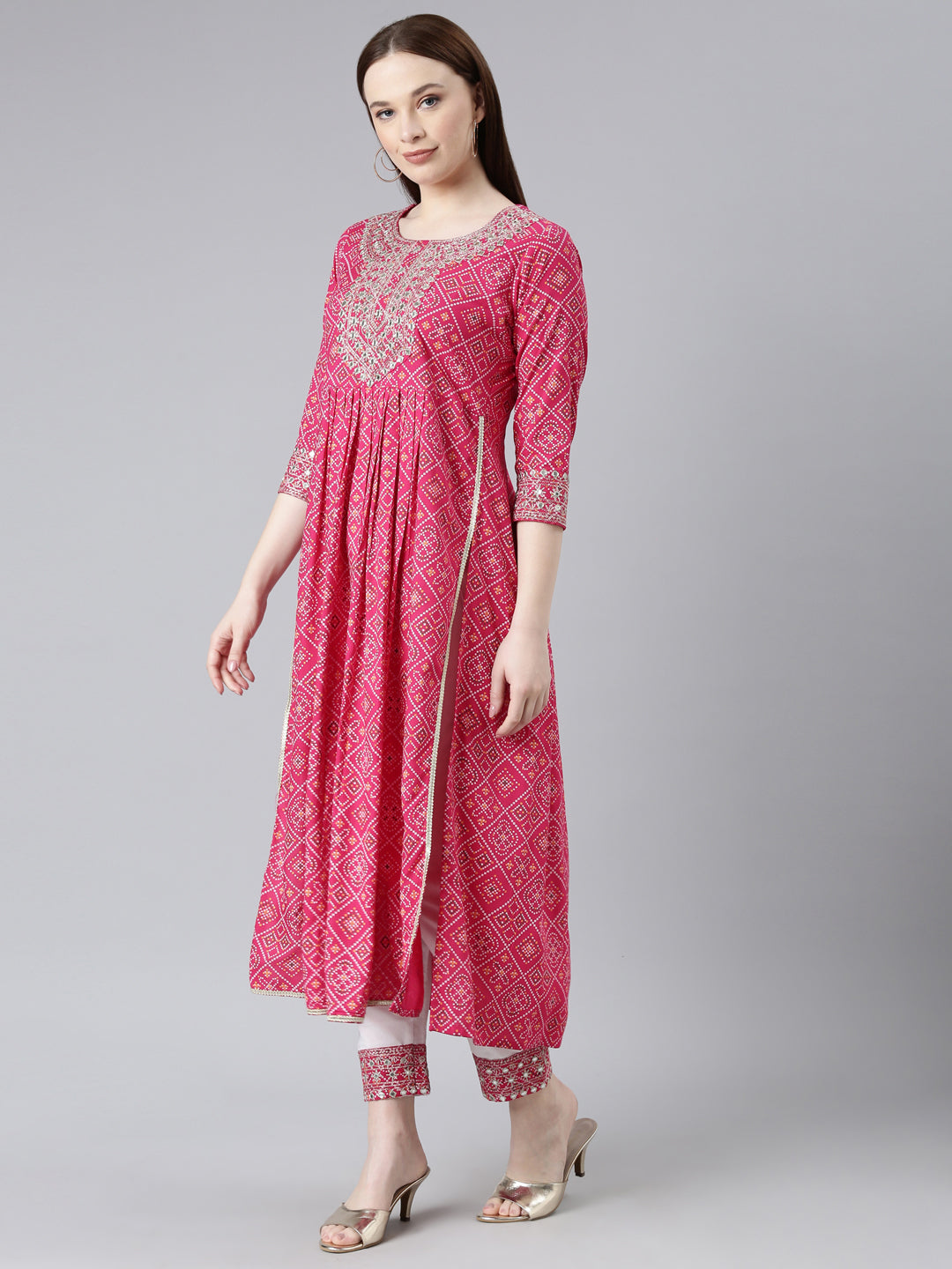 Rayon Bhandej print embroidered nira cut kurta pant set