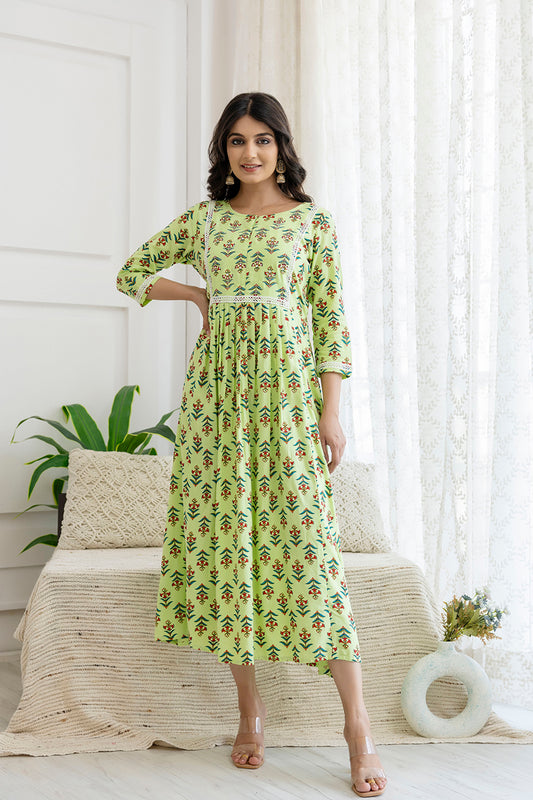 Pure rayon printed Hand work Pleated flared kurta