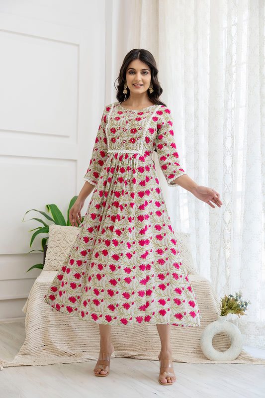 Pure Rayon Pleated Hand-Work Flared Kurta