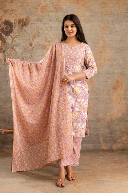 Pure Cotton Floral Kurta Pant Dupatta Set