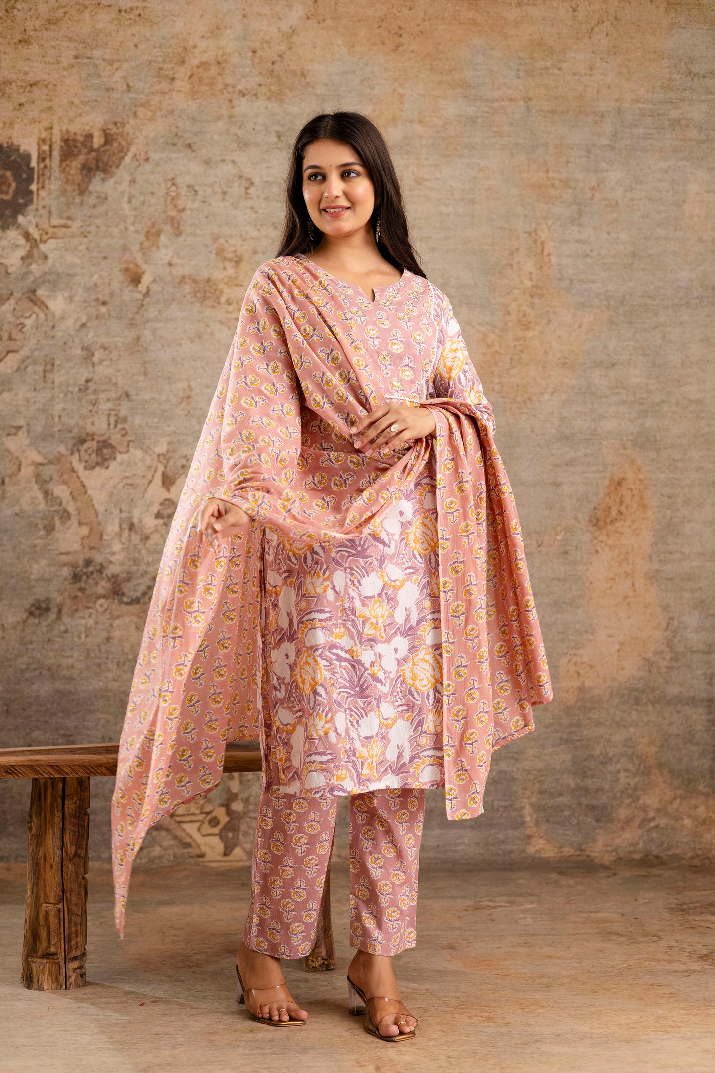 Pure Cotton Floral Kurta Pant Dupatta Set