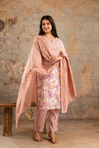 Pure Cotton Floral Kurta Pant Dupatta Set