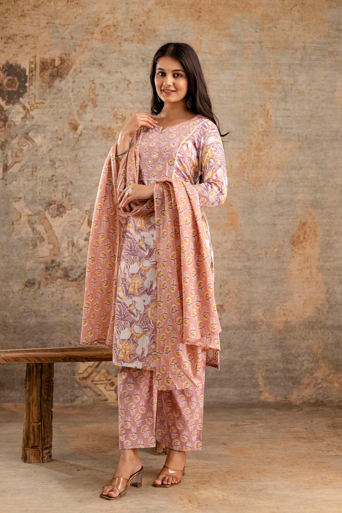 Pure Cotton Floral Kurta Pant Dupatta Set