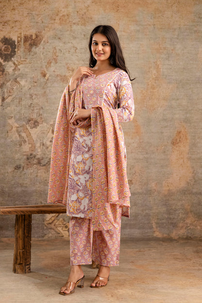 Pure Cotton Floral Kurta Pant Dupatta Set