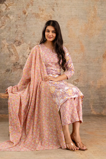 Pure Cotton Floral Kurta Pant Dupatta Set