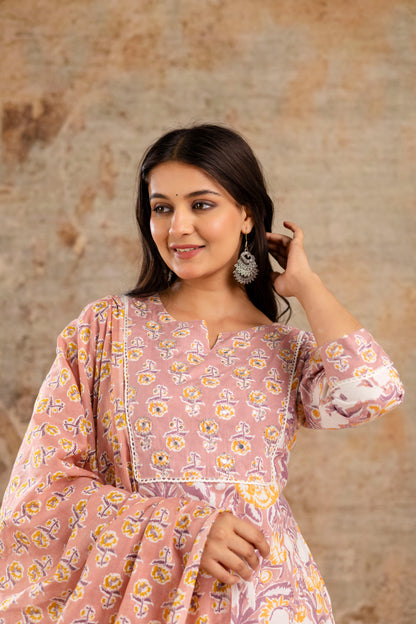 Pure Cotton Floral Kurta Pant Dupatta Set