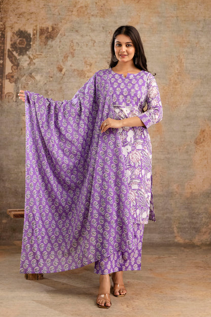 Pure Cotton Floral Kurta Pant Dupatta Set