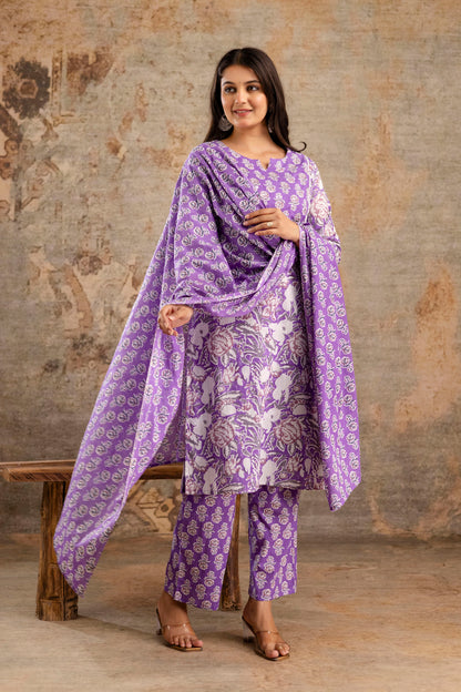 Pure Cotton Floral Kurta Pant Dupatta Set