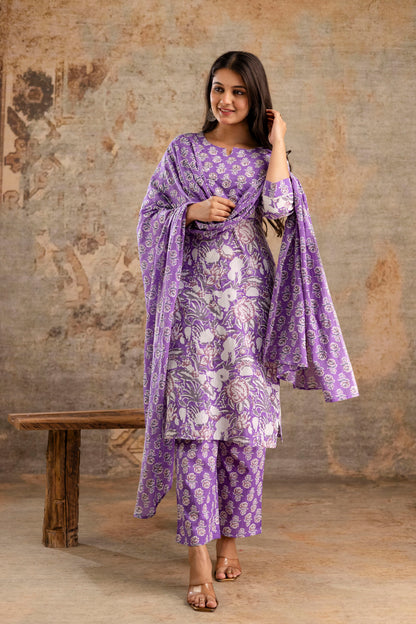 Pure Cotton Floral Kurta Pant Dupatta Set