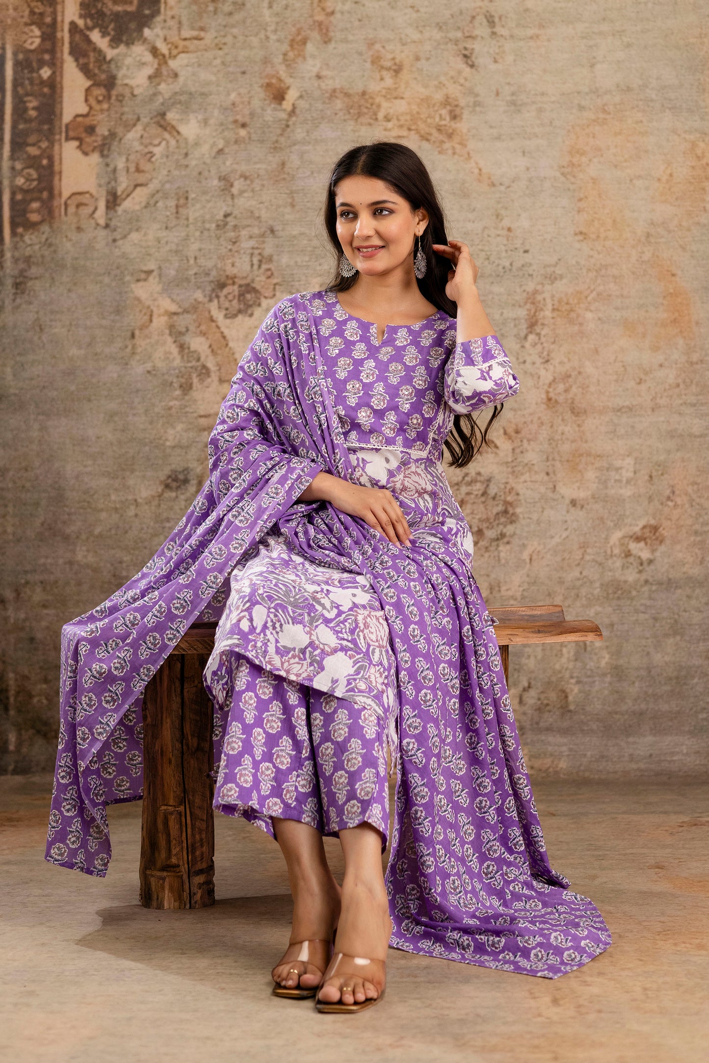 Pure Cotton Floral Kurta Pant Dupatta Set