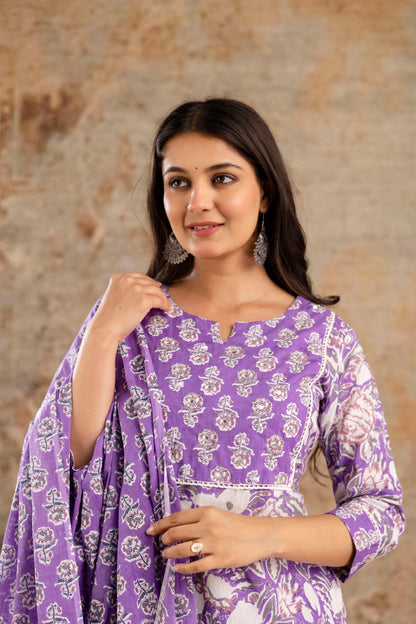 Pure Cotton Floral Kurta Pant Dupatta Set