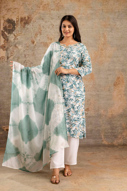 Rayon Foil Print Hand Work Kurta Pant Dupatta Set