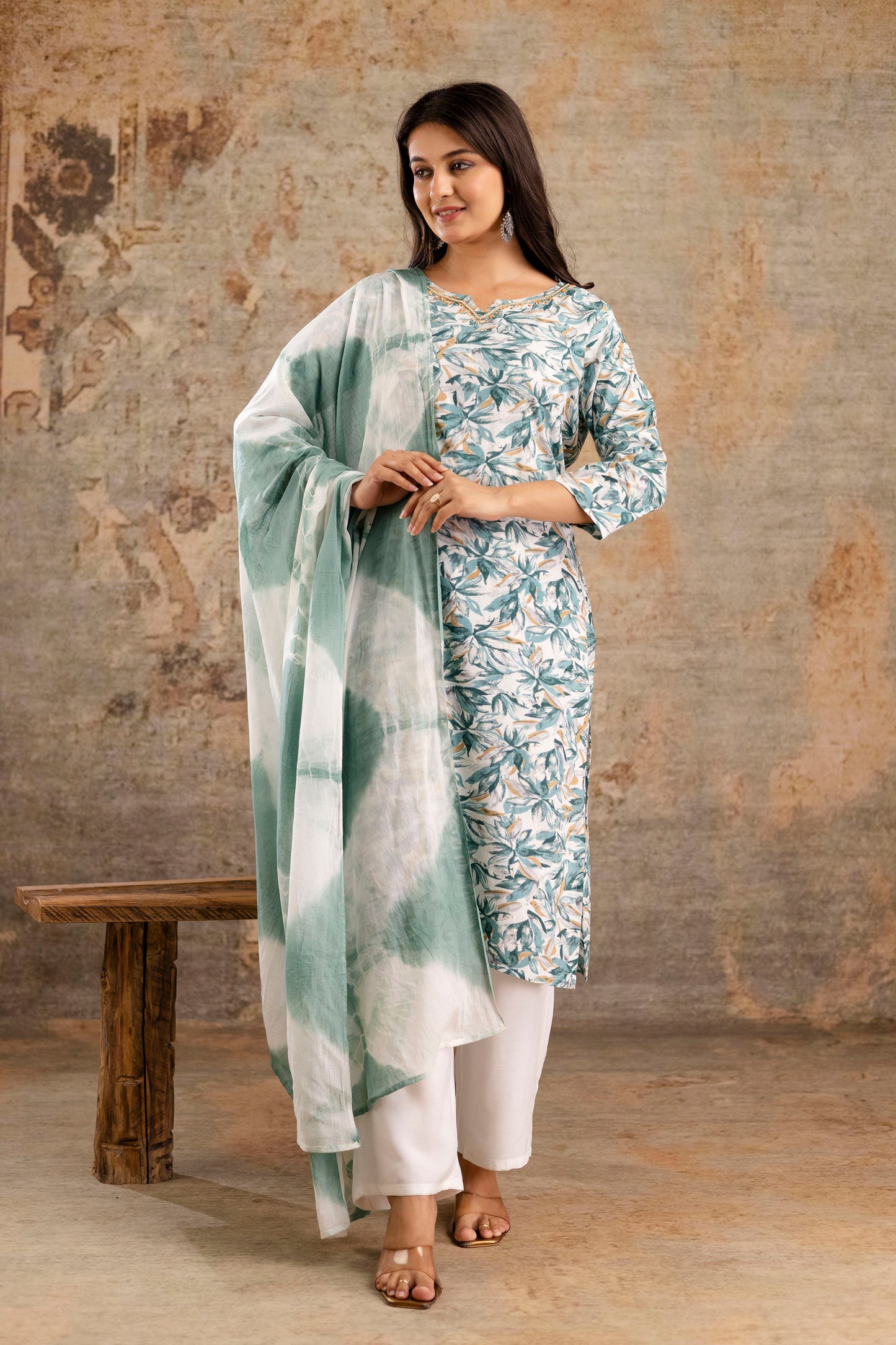 Rayon Foil Print Hand Work Kurta Pant Dupatta Set