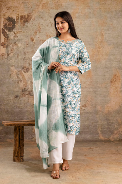 Rayon Foil Print Hand Work Kurta Pant Dupatta Set