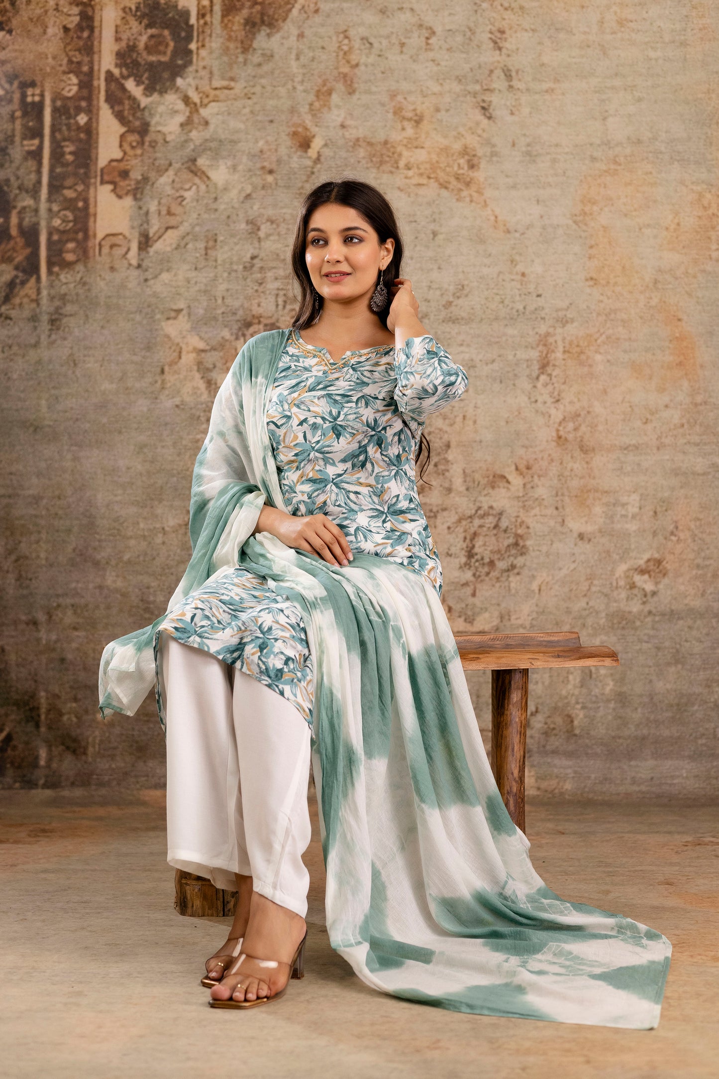 Rayon Foil Print Hand Work Kurta Pant Dupatta Set