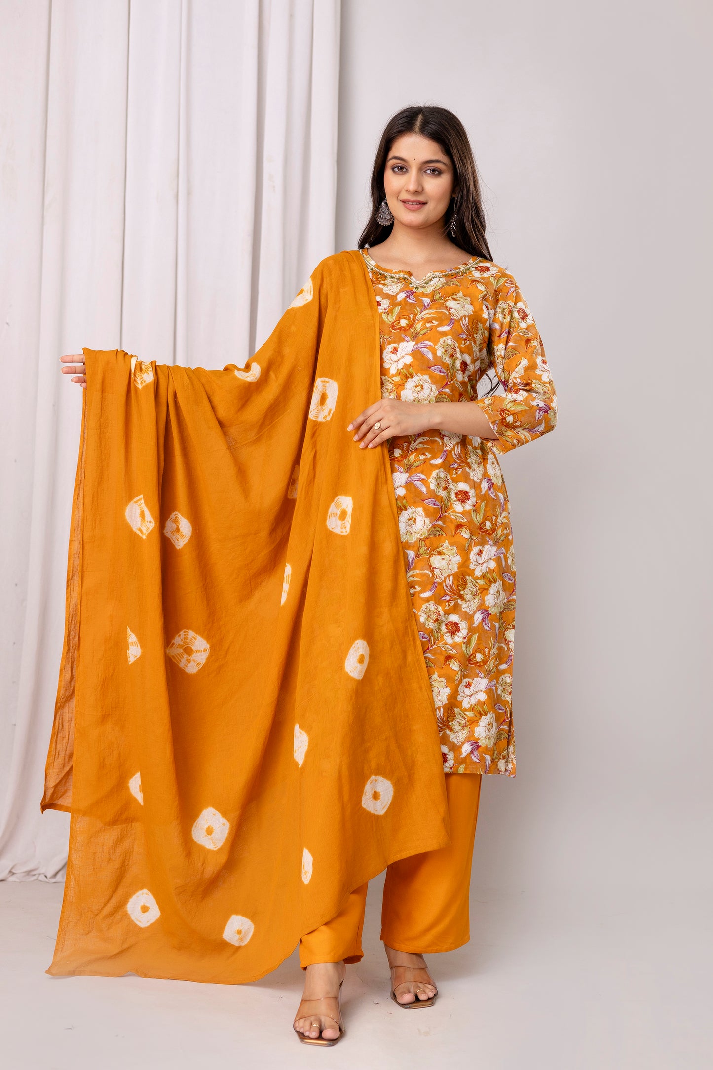 Rayon Foil Print Hand Work Kurta Pant Dupatta Set