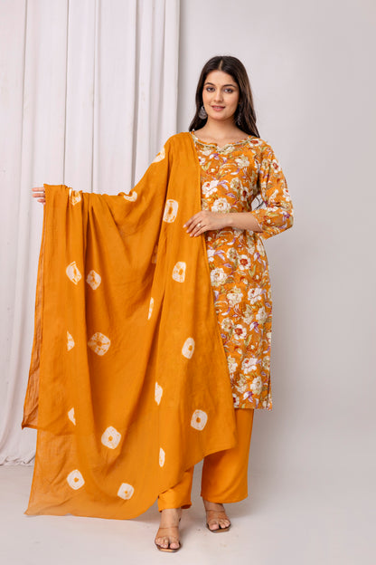Rayon Foil Print Hand Work Kurta Pant Dupatta Set