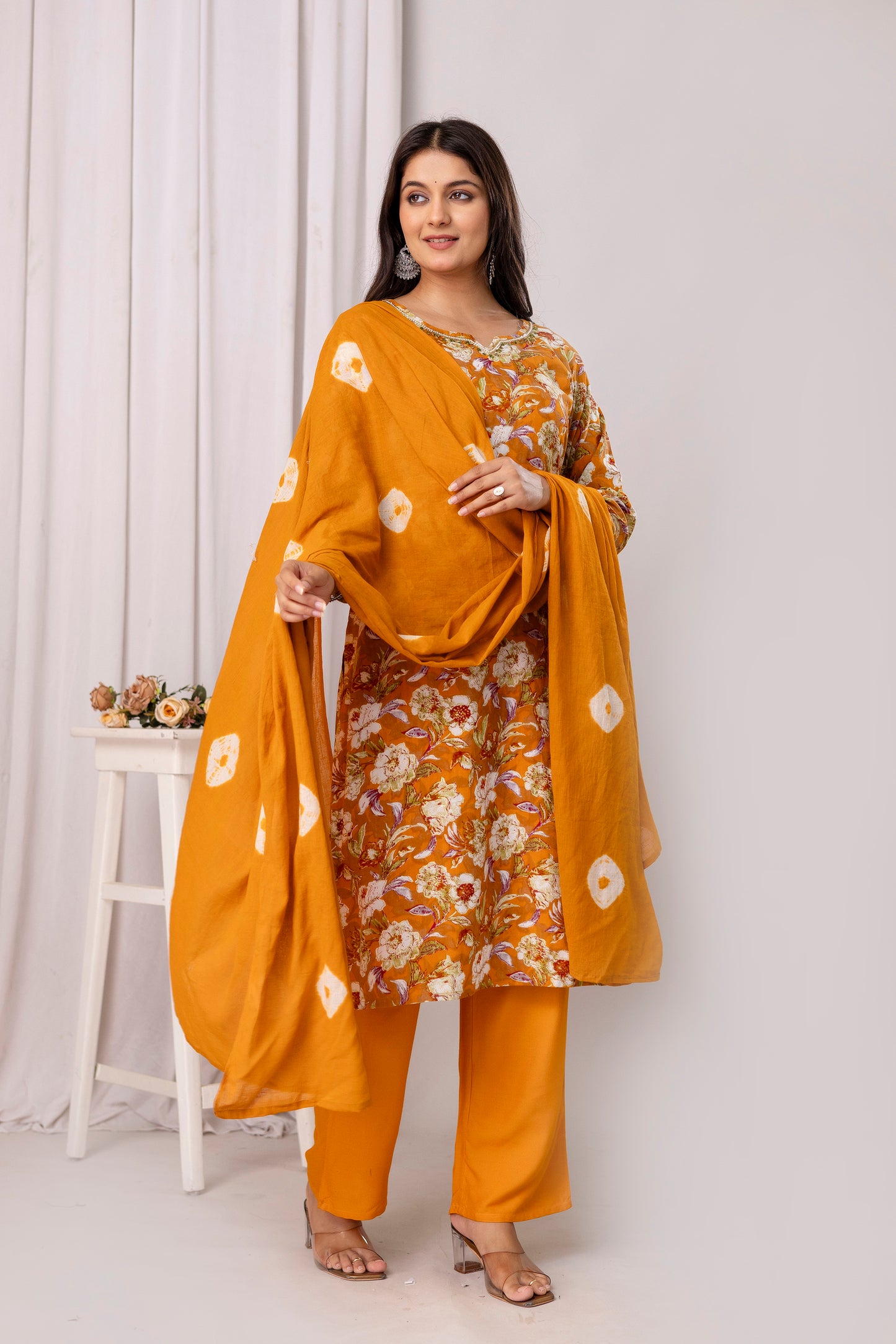 Rayon Foil Print Hand Work Kurta Pant Dupatta Set