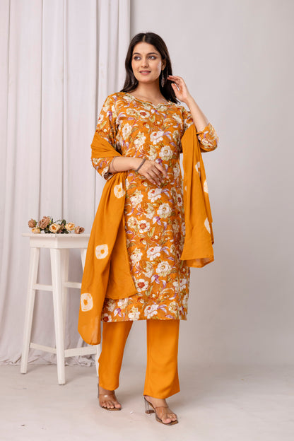 Rayon Foil Print Hand Work Kurta Pant Dupatta Set