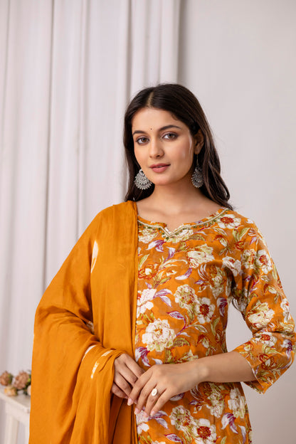 Rayon Foil Print Hand Work Kurta Pant Dupatta Set