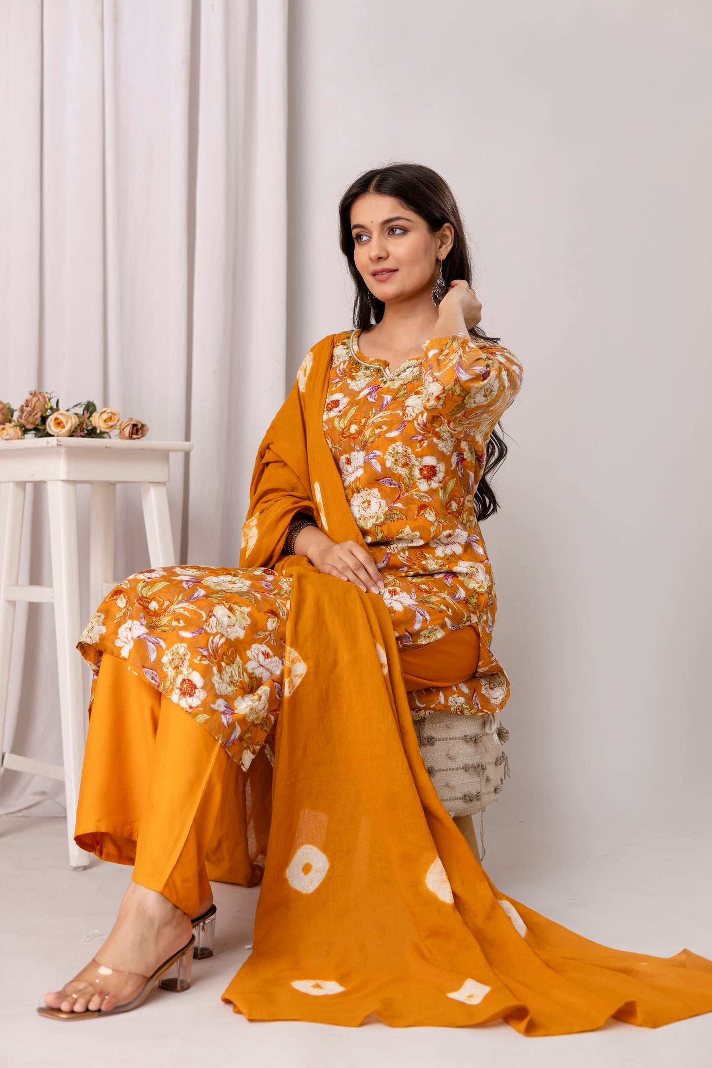 Rayon Foil Print Hand Work Kurta Pant Dupatta Set