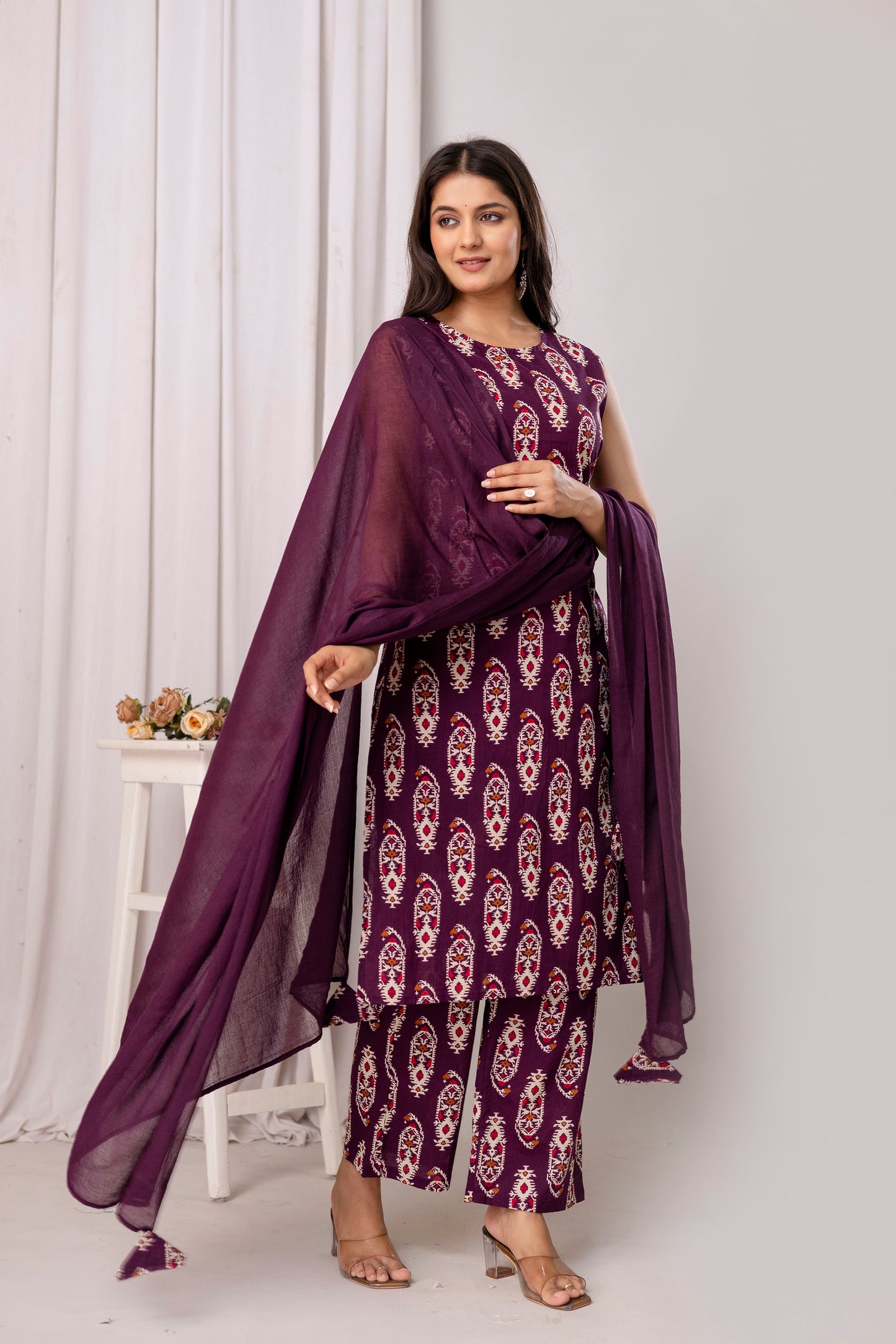 Pure Cotton Cut Sleeve Kurta Pant Dupatta Set