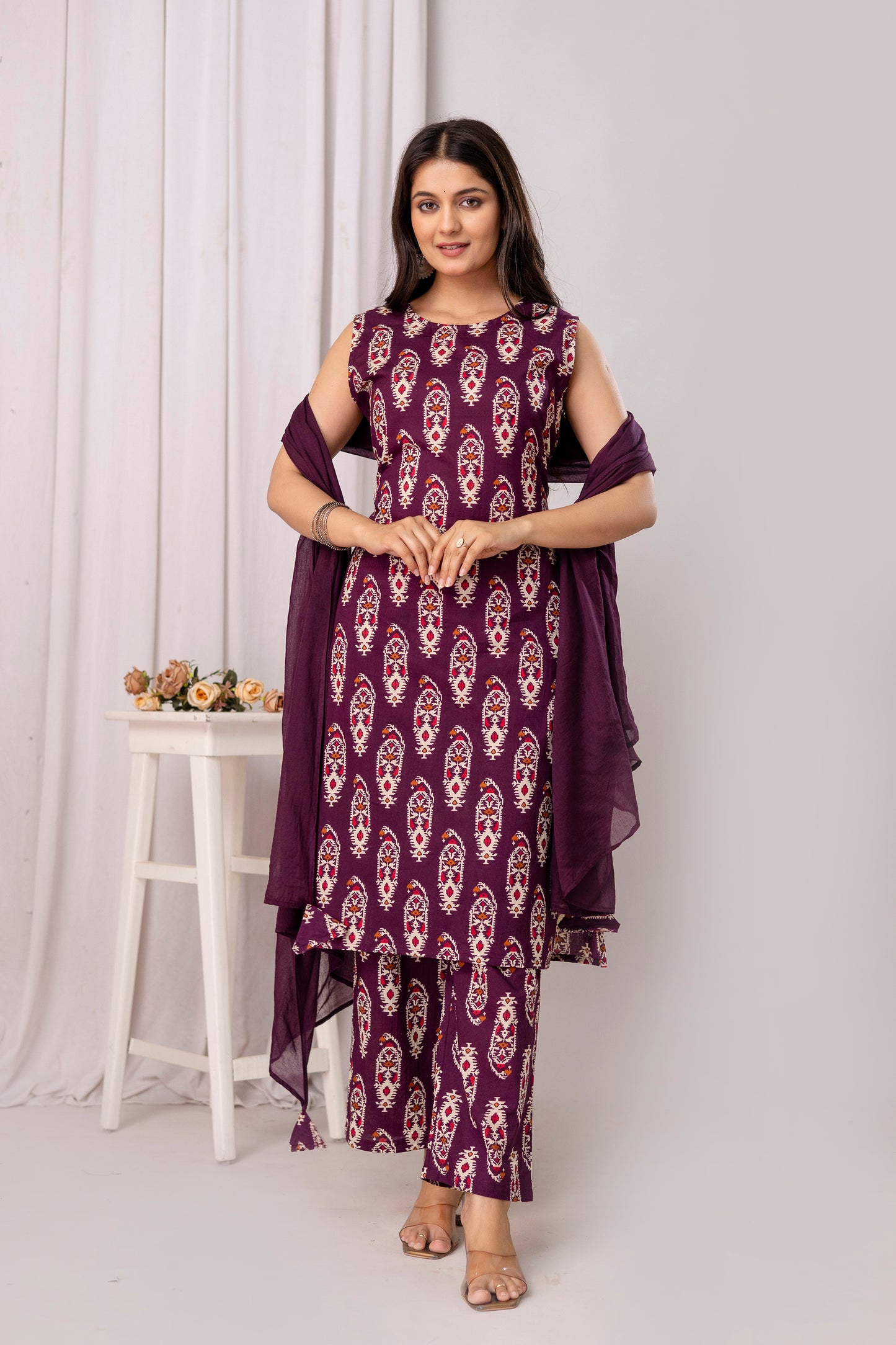 Pure Cotton Cut Sleeve Kurta Pant Dupatta Set