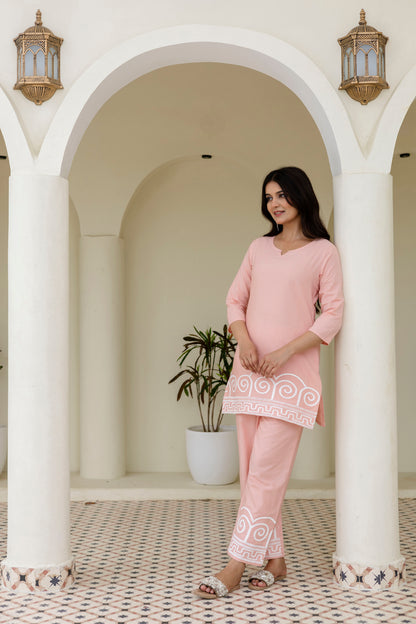Blush Peach Cotton Embroidered Co-Ord Set for Women | Tvastha