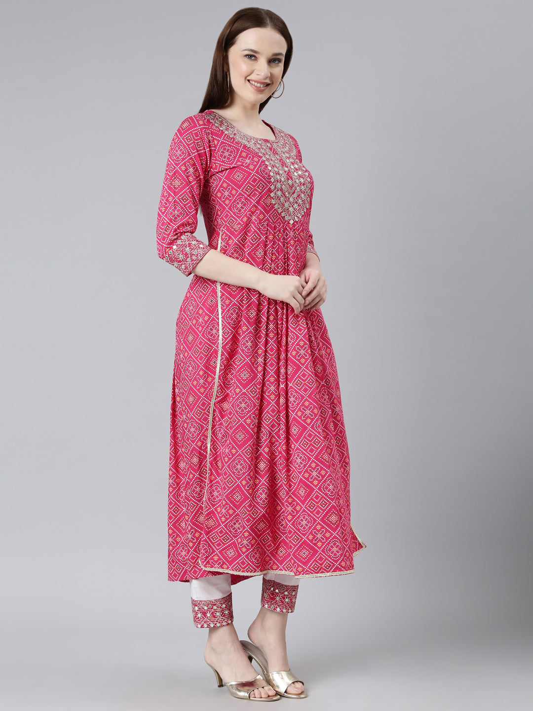 Rayon Bhandej print embroidered nira cut kurta pant set