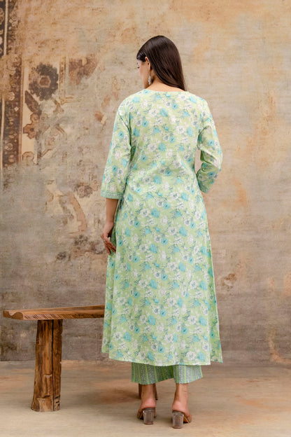 Pure Cotton Hand Work Angrakha Floral Kurta Pant Dupatta Set