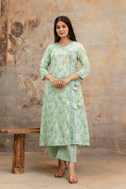 Pure Cotton Hand Work Angrakha Floral Kurta Pant Dupatta Set