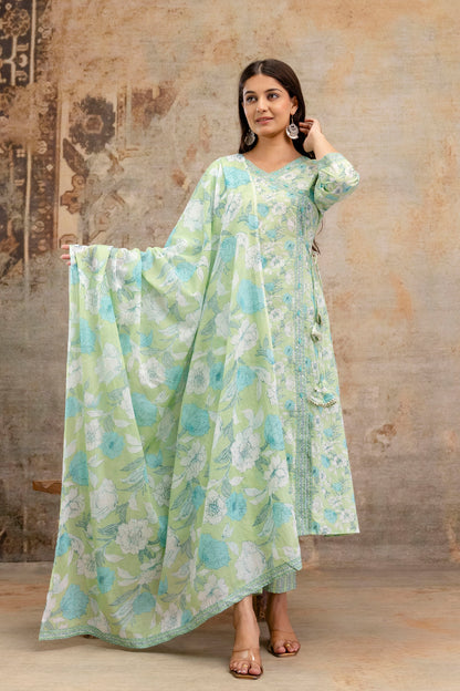 Pure Cotton Hand Work Angrakha Floral Kurta Pant Dupatta Set