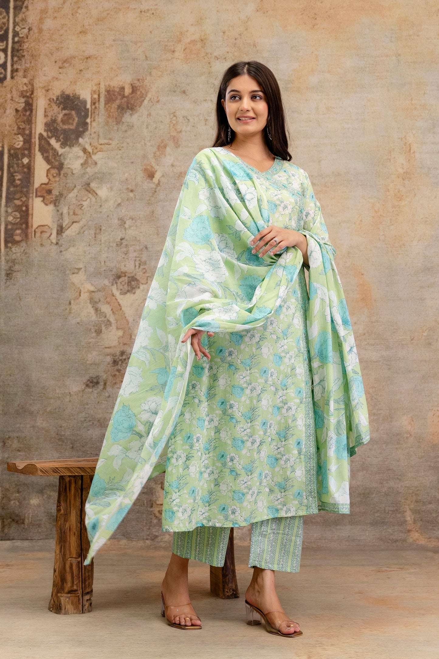 Pure Cotton Hand Work Angrakha Floral Kurta Pant Dupatta Set