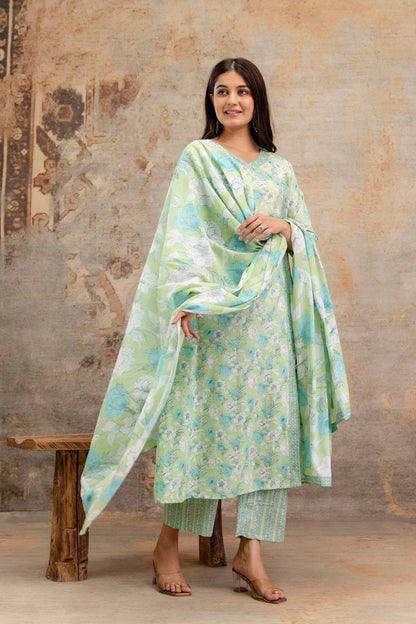 Pure Cotton Hand Work Angrakha Floral Kurta Pant Dupatta Set