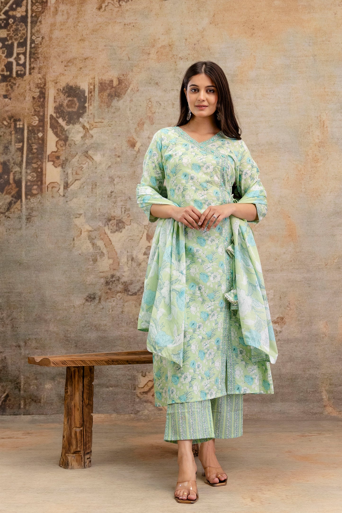 Pure Cotton Hand Work Angrakha Floral Kurta Pant Dupatta Set