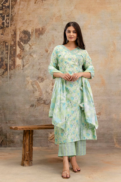 Pure Cotton Hand Work Angrakha Floral Kurta Pant Dupatta Set