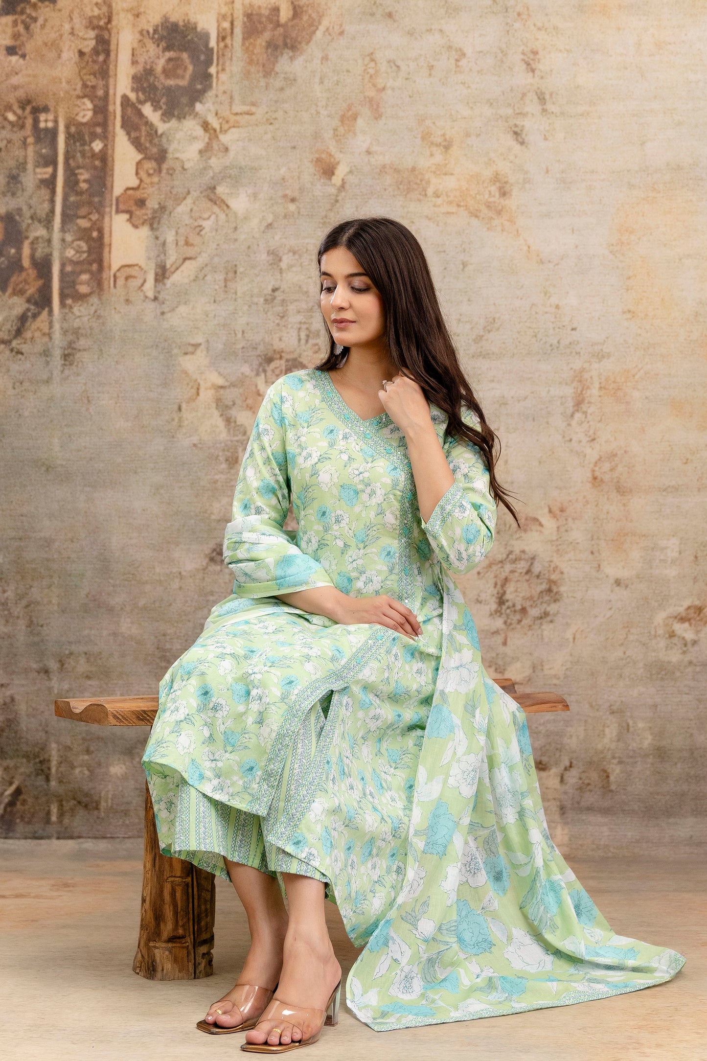 Pure Cotton Hand Work Angrakha Floral Kurta Pant Dupatta Set