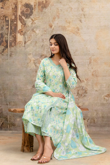 Pure Cotton Hand Work Angrakha Floral Kurta Pant Dupatta Set