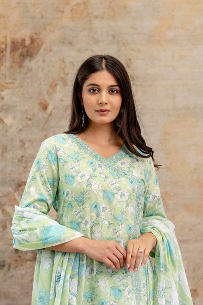 Pure Cotton Hand Work Angrakha Floral Kurta Pant Dupatta Set