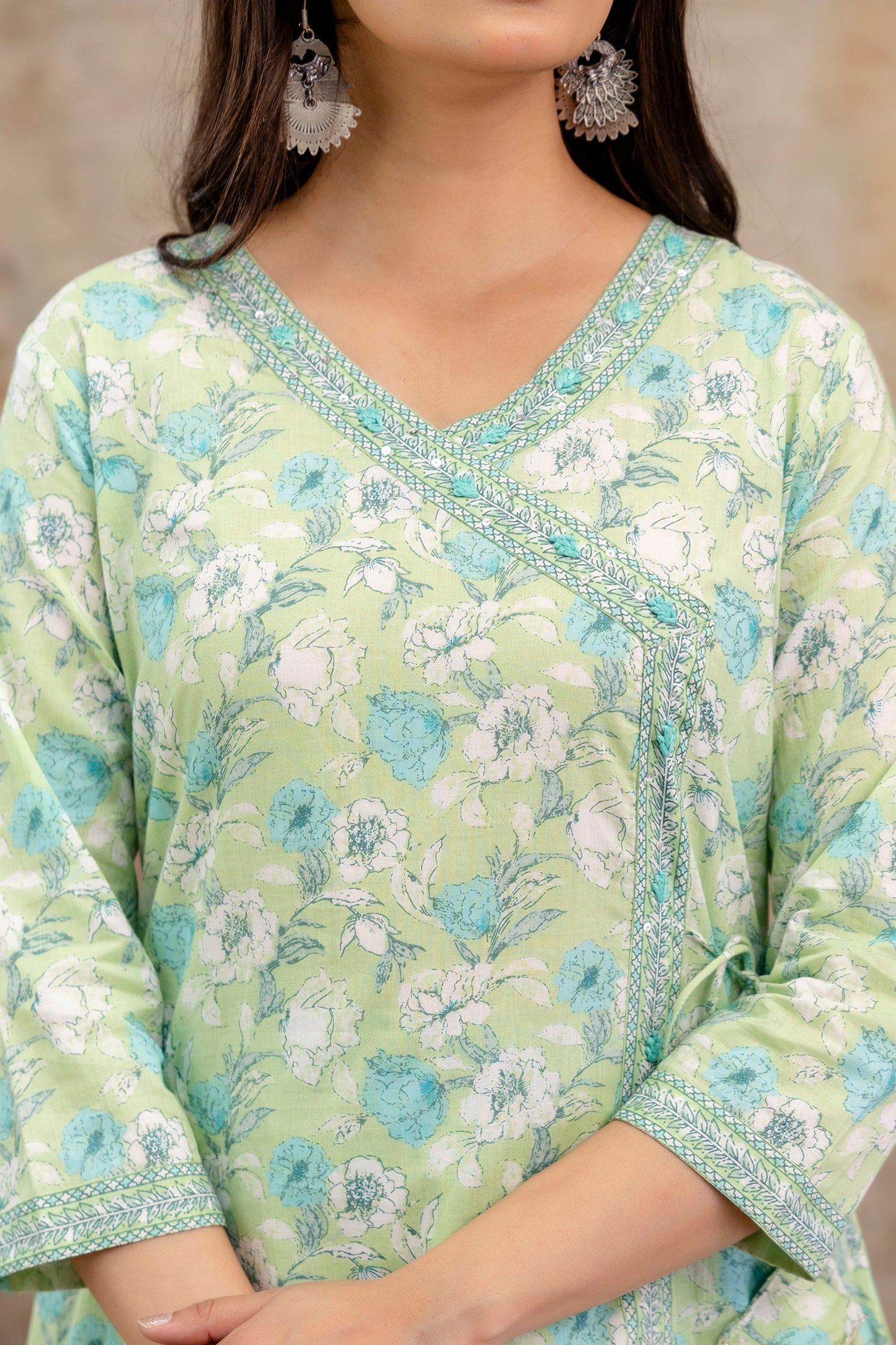 Pure Cotton Hand Work Angrakha Floral Kurta Pant Dupatta Set