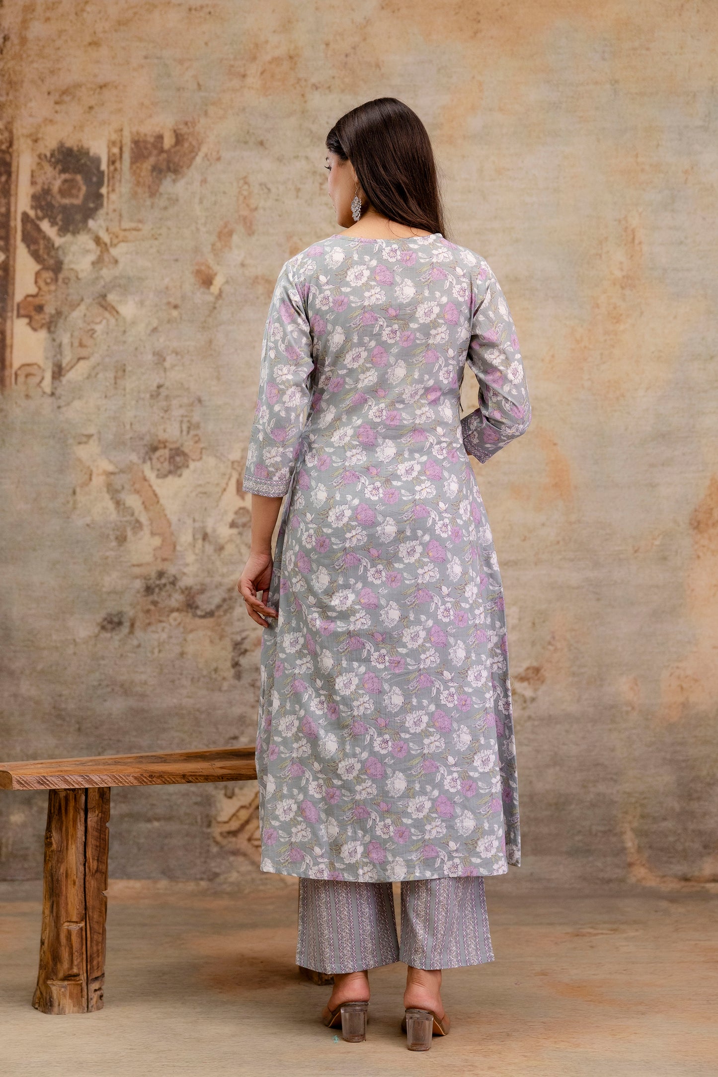 Pure Cotton Hand Work Angrakha Floral Kurta Pant Dupatta Set