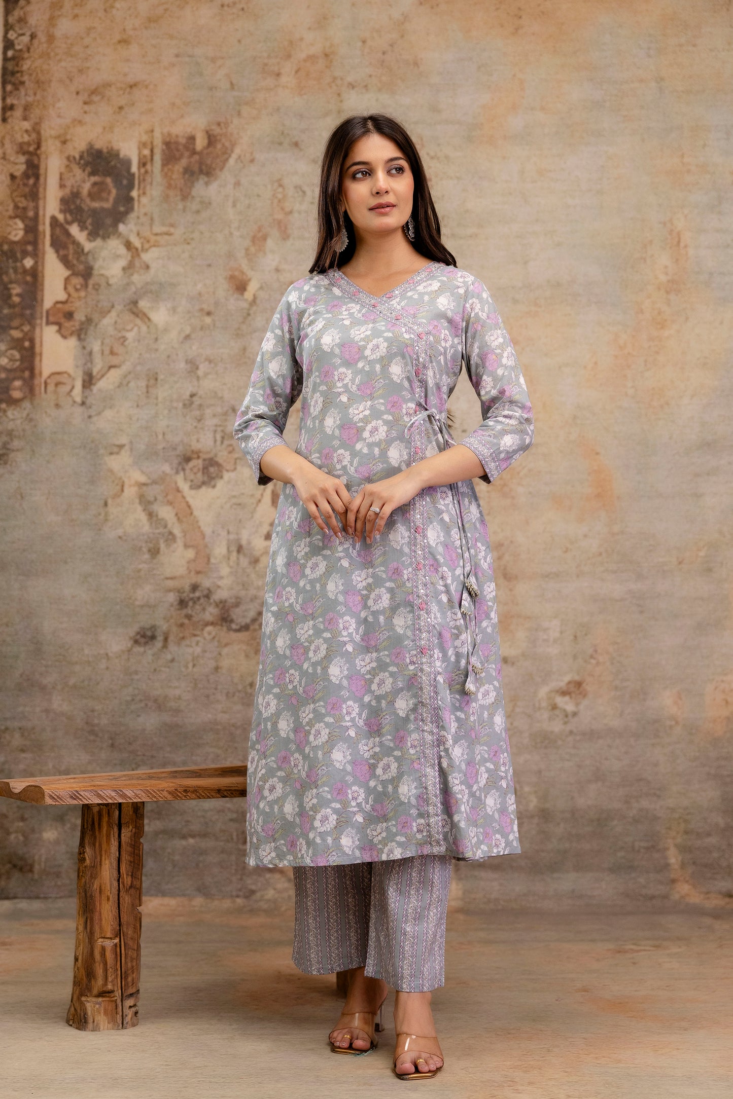 Pure Cotton Hand Work Angrakha Floral Kurta Pant Dupatta Set