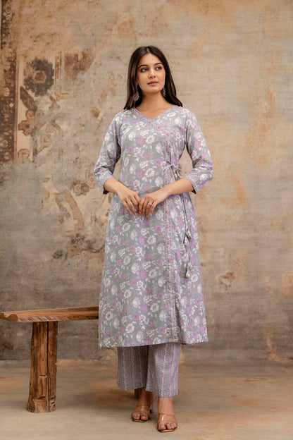 Pure Cotton Hand Work Angrakha Floral Kurta Pant Dupatta Set